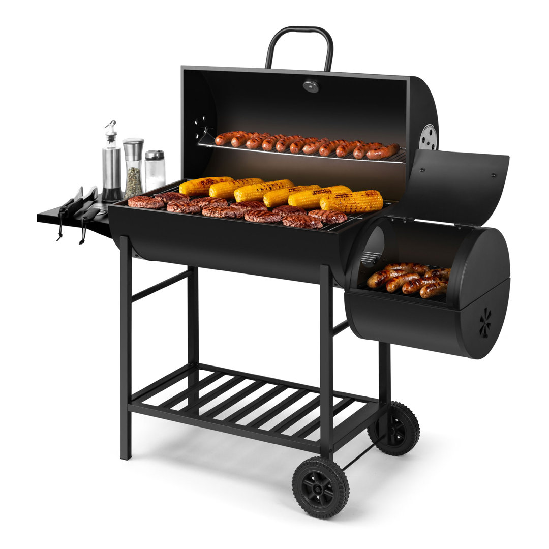 Vonhaus Charcoal Bbq, Barrel Barbecue With Offset Smoker Matte Black 69.8cm W